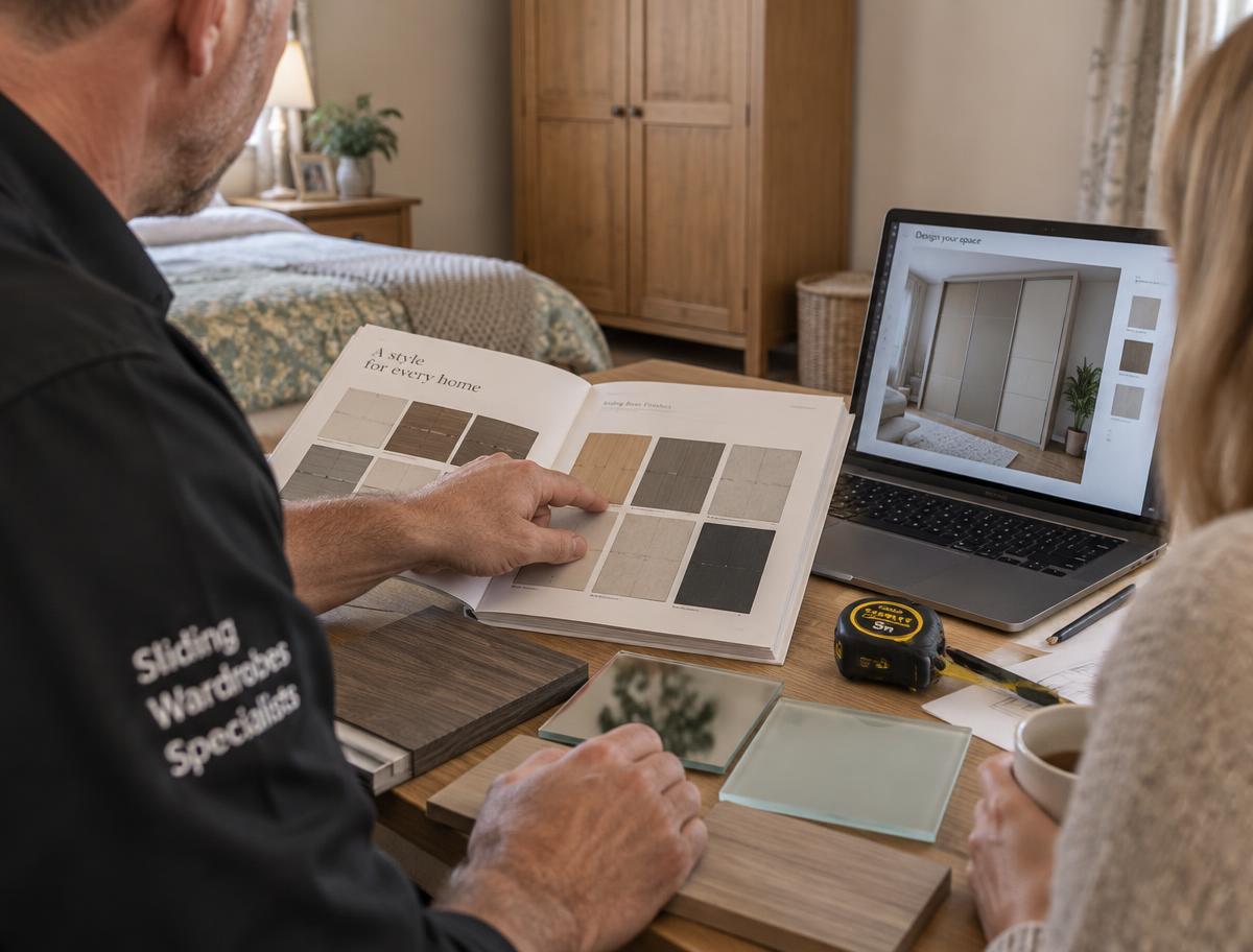 Designer and homeowner reviewing a sliding wardrobe design sketch, samples and measurements during a free home visit