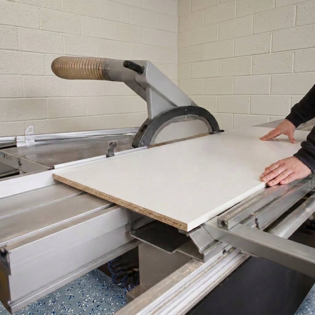 A wardrobe door board being cut to size on the panel saw in the Pontypridd workshop