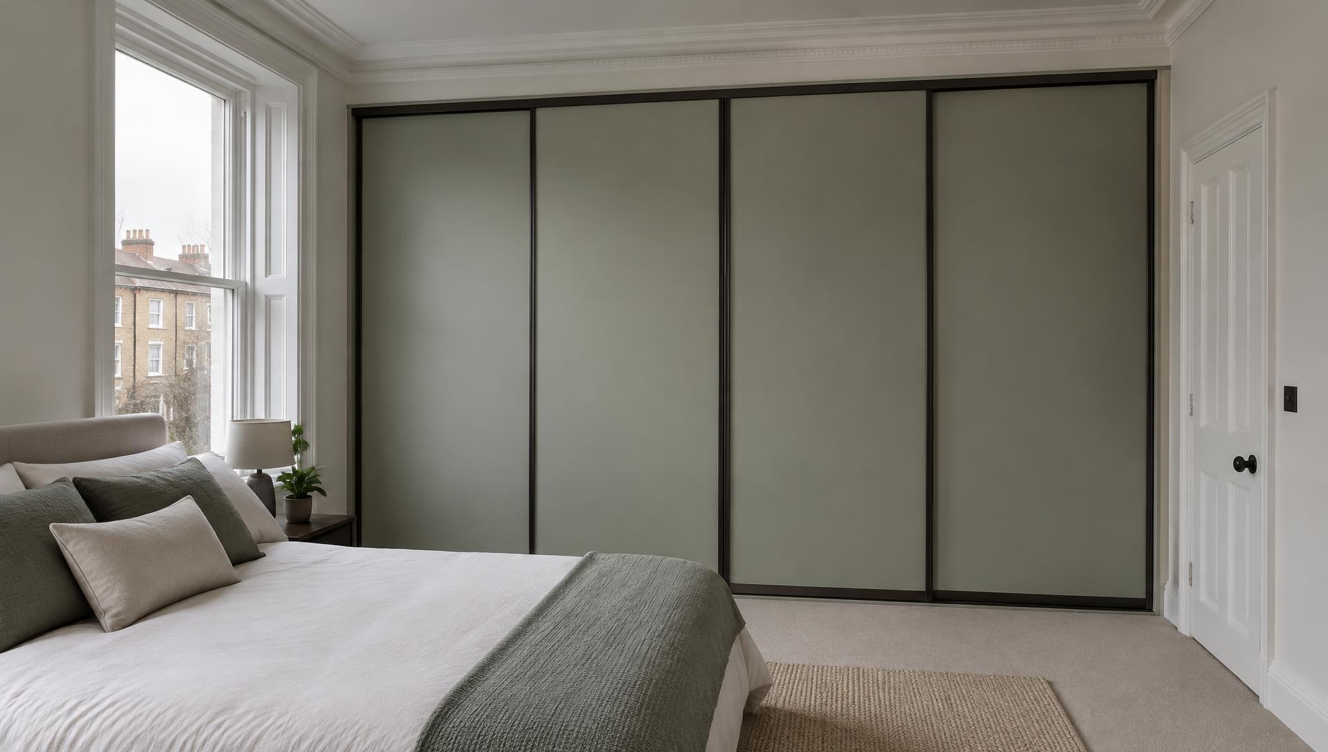 Sage grey solid panel sliding wardrobe doors fitted floor to ceiling in a high-ceilinged Victorian bedroom in Cardiff