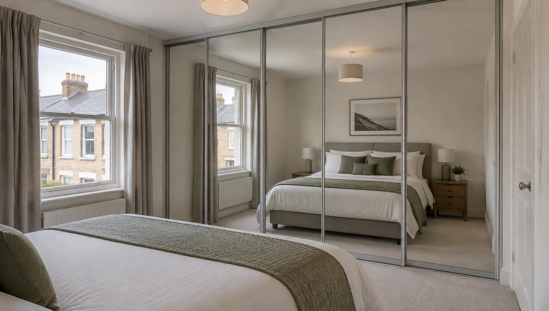 Full-height mirror sliding wardrobe doors in silver frames in a recently decorated Cardiff terrace bedroom