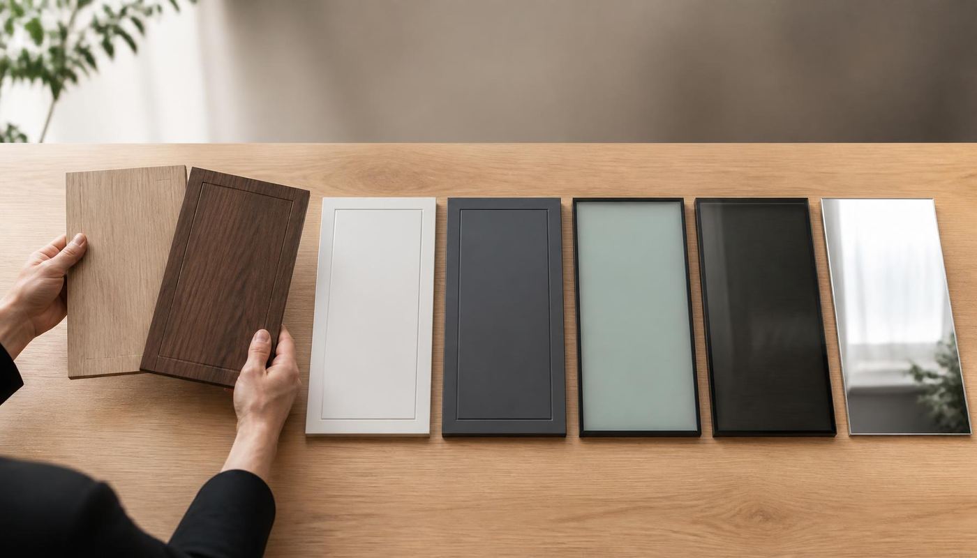 Wardrobe door samples in wood, matte, coloured glass and mirror finishes laid out for comparison