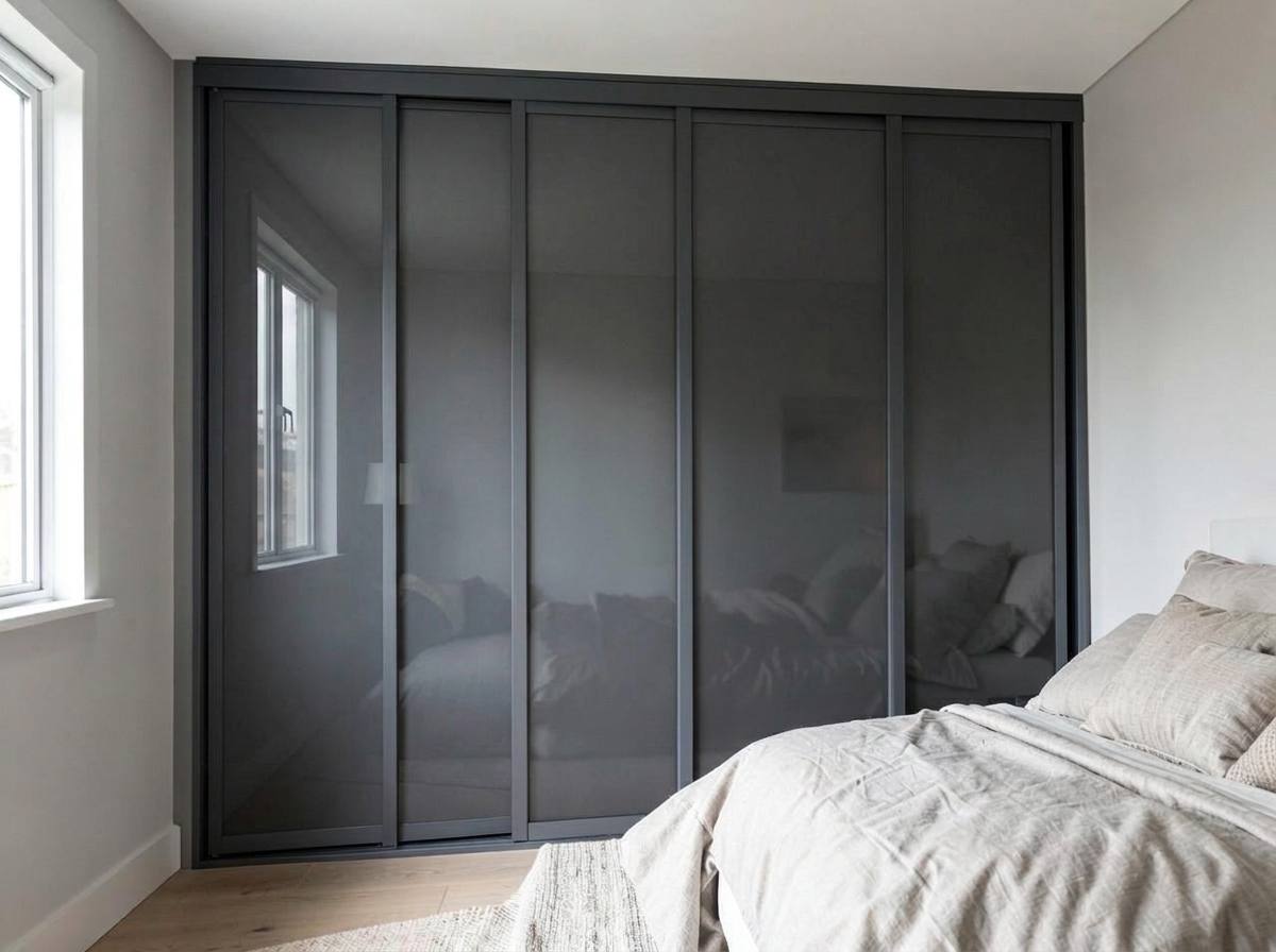 A South Wales bedroom with opaque smoky-grey coloured glass sliding wardrobe doors
