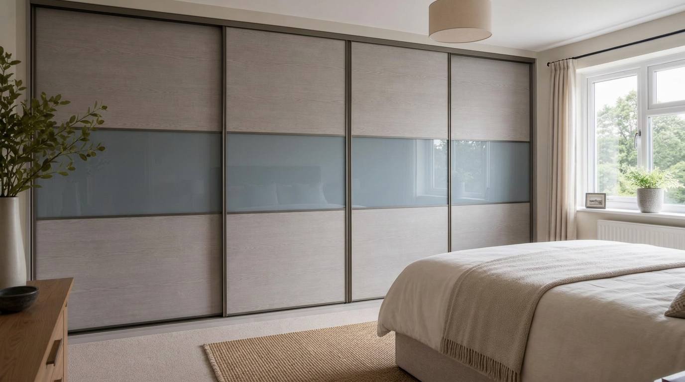 Fitted sliding wardrobes with light grey wood-effect doors and a slate blue coloured glass centre band in a recently decorated post-war semi-detached bedroom in Bridgend