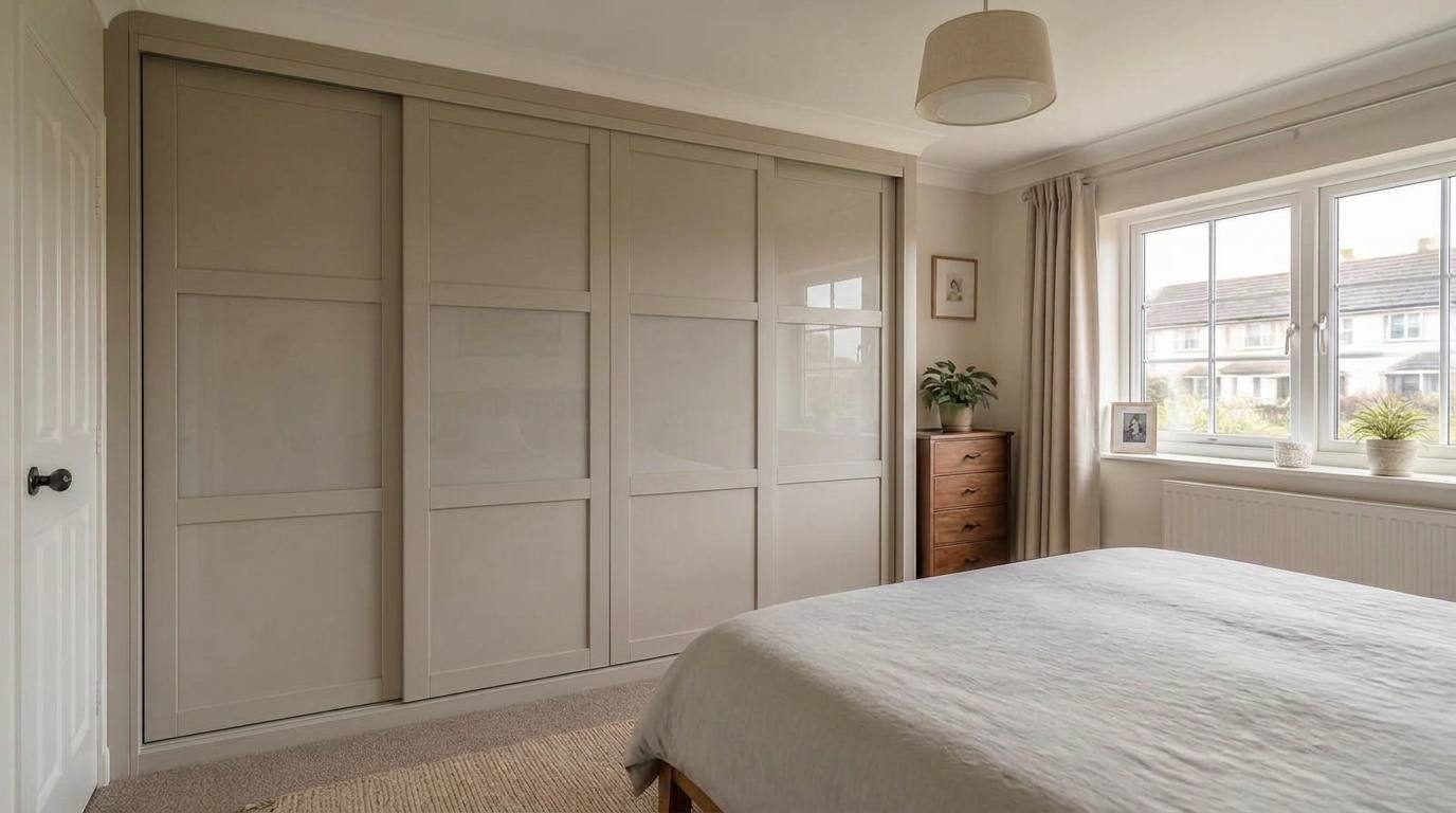 Panelled sliding wardrobe doors with stone grey coloured glass inserts running floor to ceiling along one wall of a recently decorated inter-war semi-detached bedroom in Caerphilly
