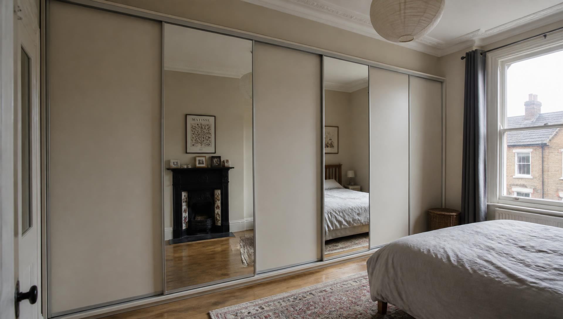 Fitted sliding wardrobes built into the alcoves of a Victorian terrace bedroom in Cardiff