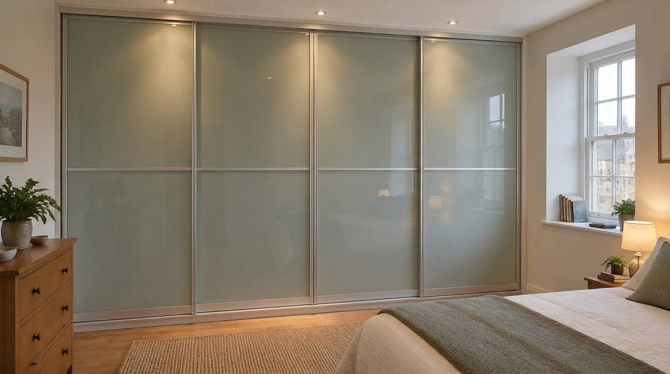 Sage grey coloured glass sliding wardrobe doors running floor to ceiling along one wall of a recently decorated older town house bedroom in Carmarthen