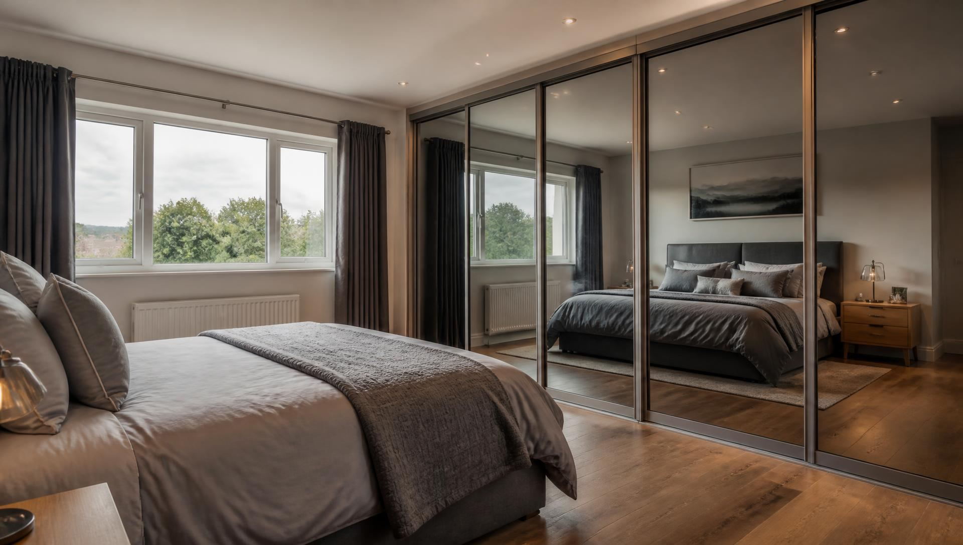 Modern fitted bedroom with floor-to-ceiling sliding mirror wardrobes in a South Wales home