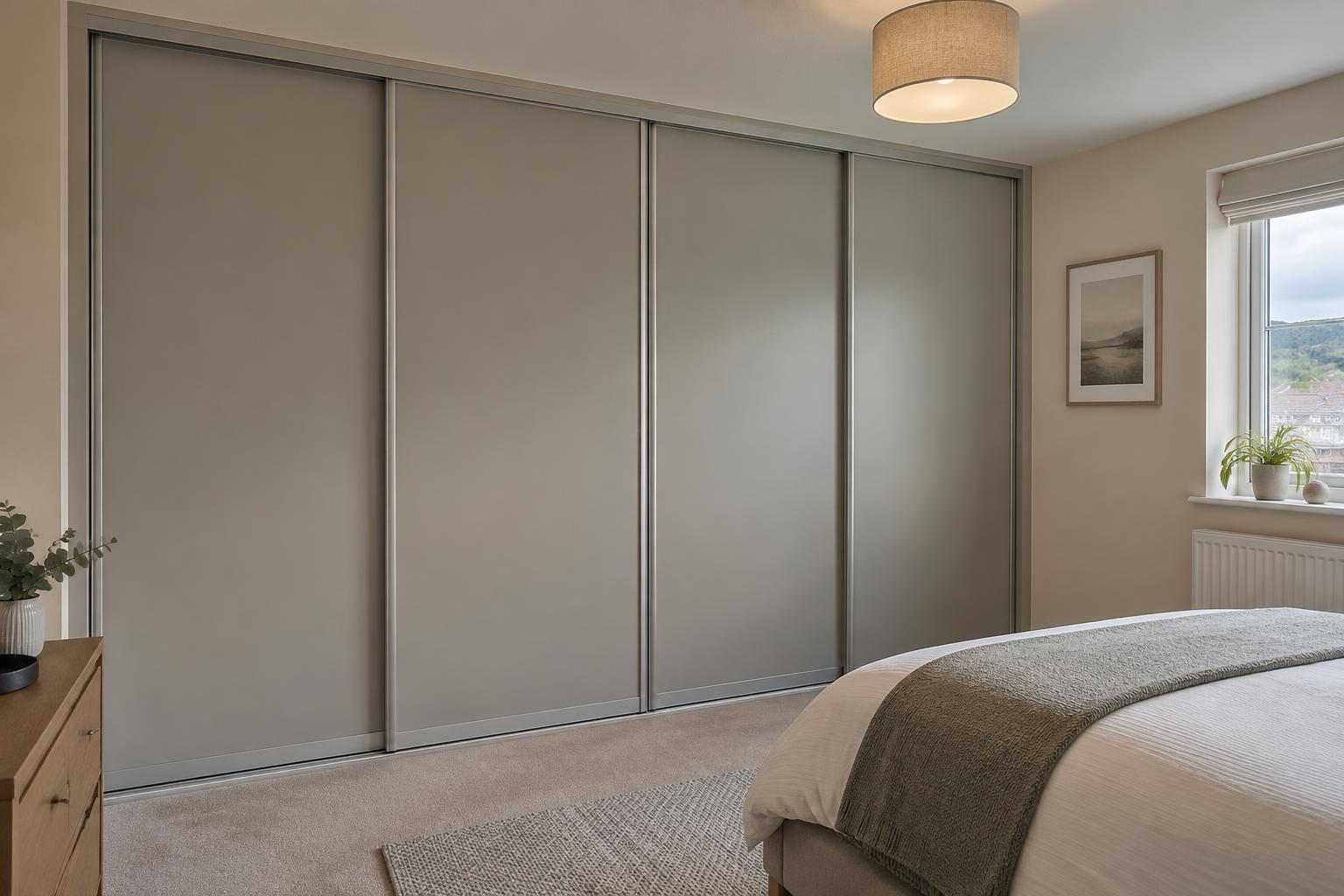 Illustrative warm-grey solid panel sliding wardrobes with slim aluminium frames in a bright Ebbw Vale terrace bedroom