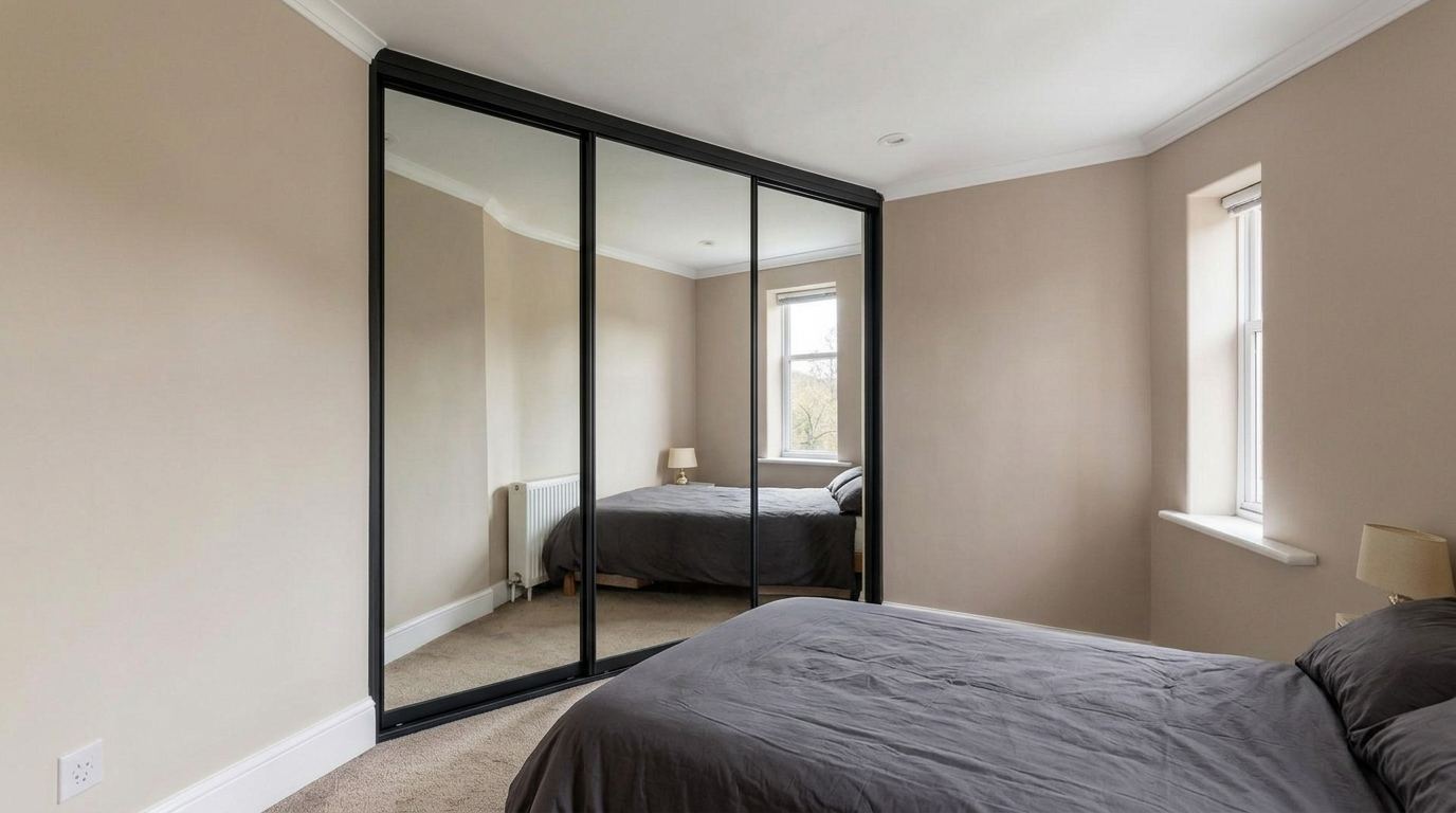 Mirror sliding wardrobe doors fitted in a valleys terrace bedroom in Merthyr Tydfil