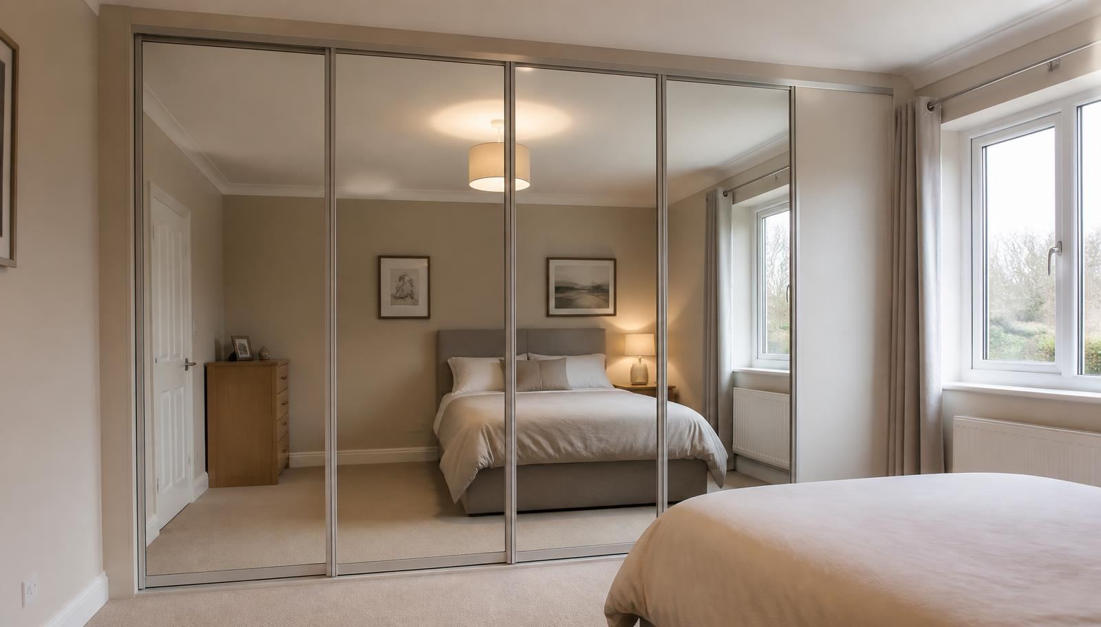 Full wall of mirrored sliding wardrobe doors fitted in a bright, recently decorated South Wales bedroom