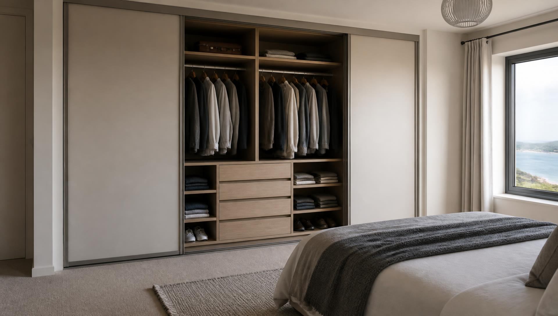 Sliding wardrobe doors slid open to show hanging rails and drawers, running floor to ceiling along one wall of a recently decorated 1930s semi-detached bedroom in Swansea