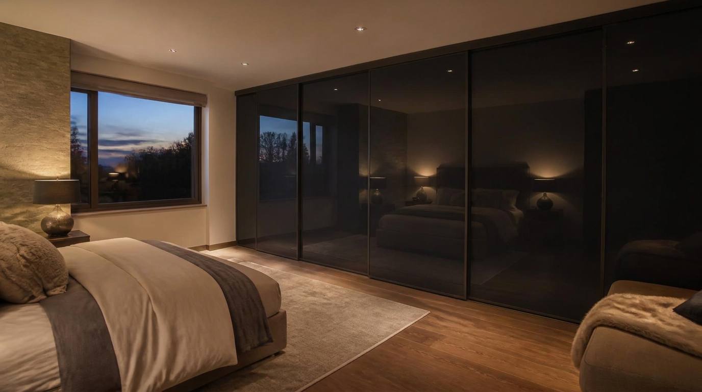 Dark charcoal coloured glass sliding wardrobe doors fitted in a village house bedroom in the Vale of Glamorgan