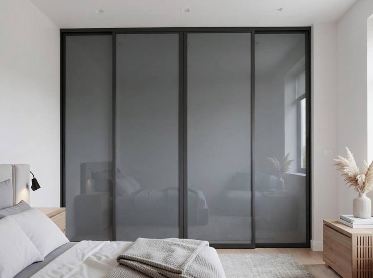 Stone grey coloured glass sliding wardrobe doors fitted in a bright bedroom