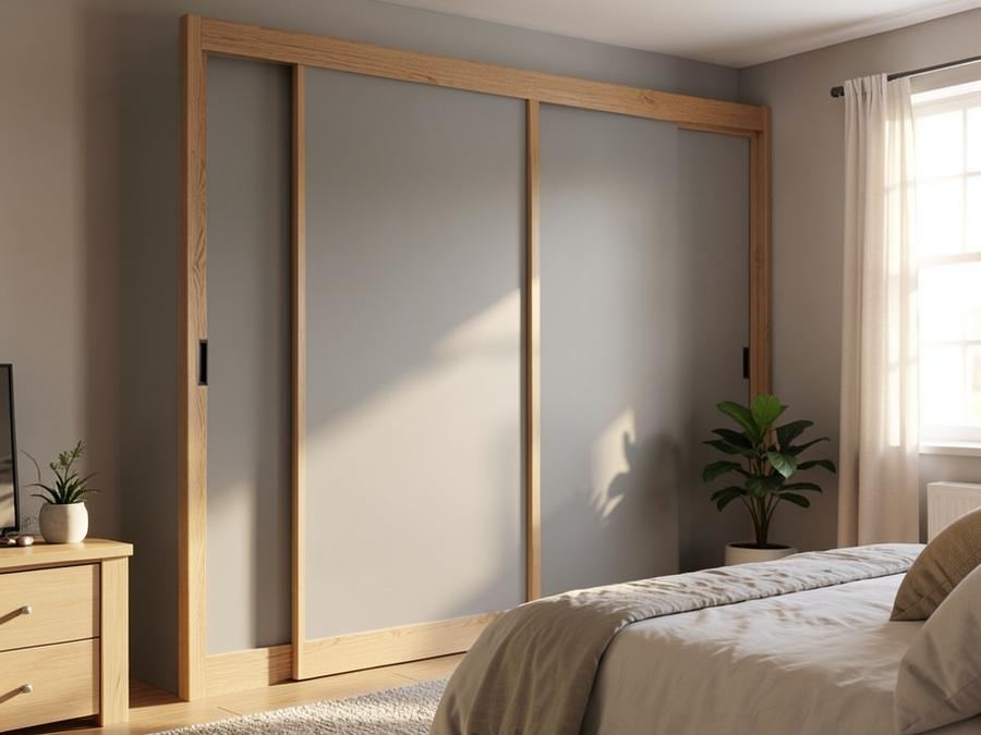 Solid panel sliding wardrobe doors colour matched to a bedroom wall