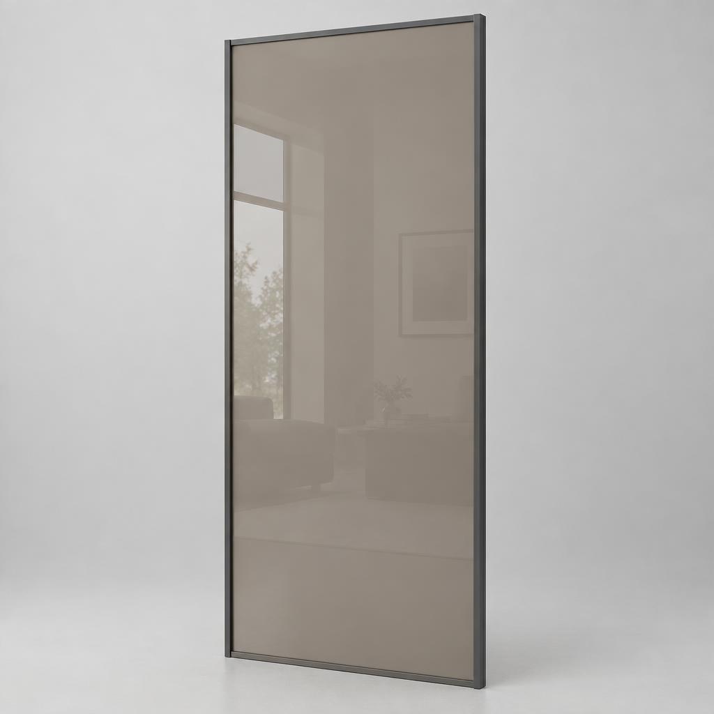 Workshop sample of a graphite frame with soft taupe-grey coloured glass sliding wardrobe door panel