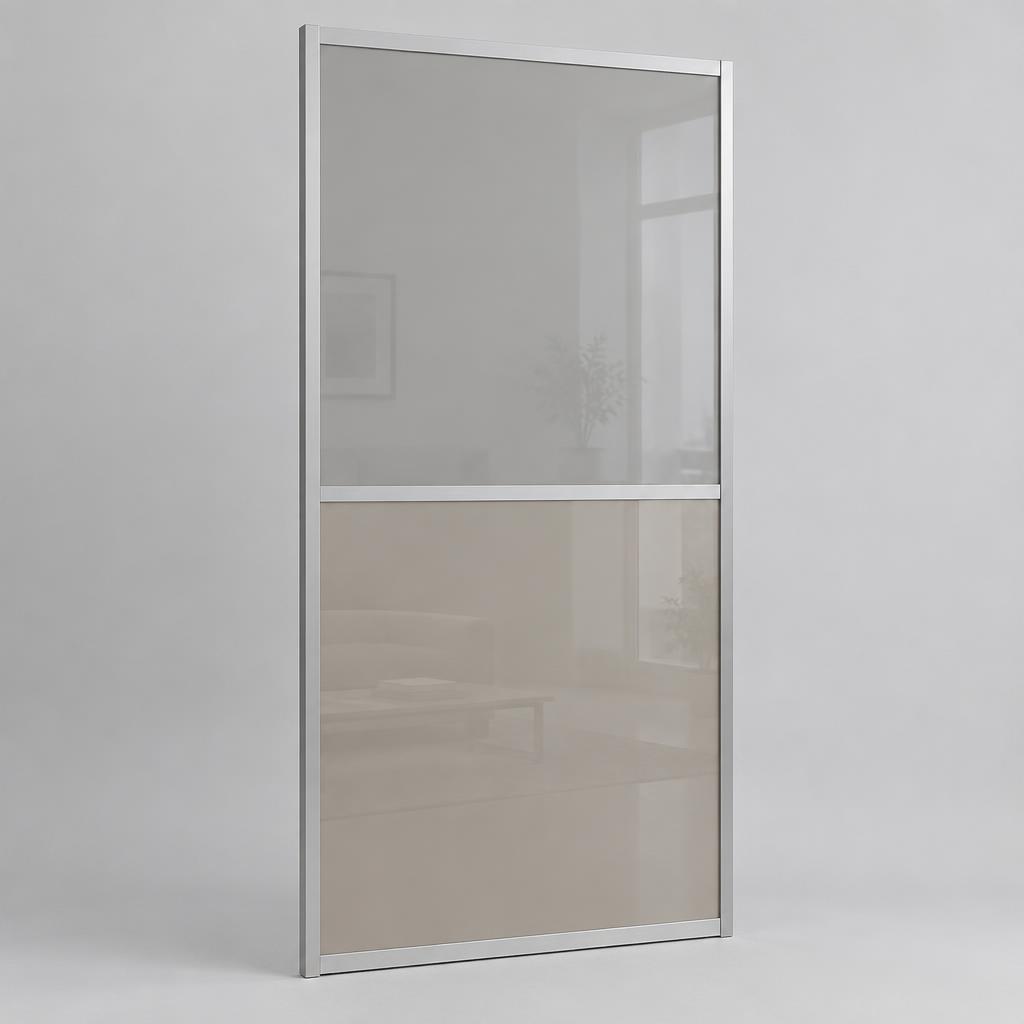 Workshop sample of a satin silver frame with light grey and beige-taupe coloured glass sections divided by an H-bar