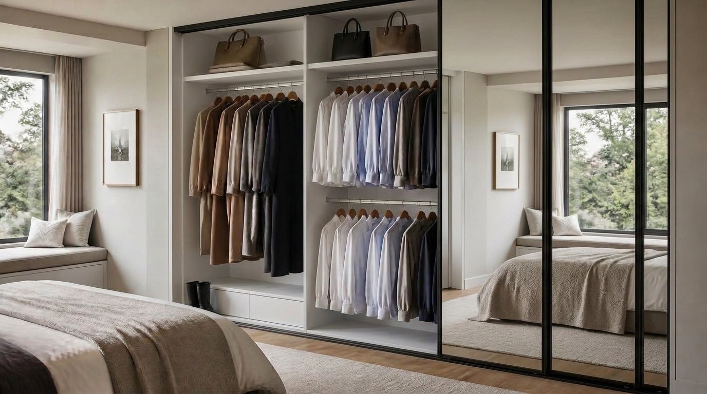 Illustration of a fitted wardrobe with black-framed mirror sliding doors, white interior shelving, long hanging, double hanging and a low drawer